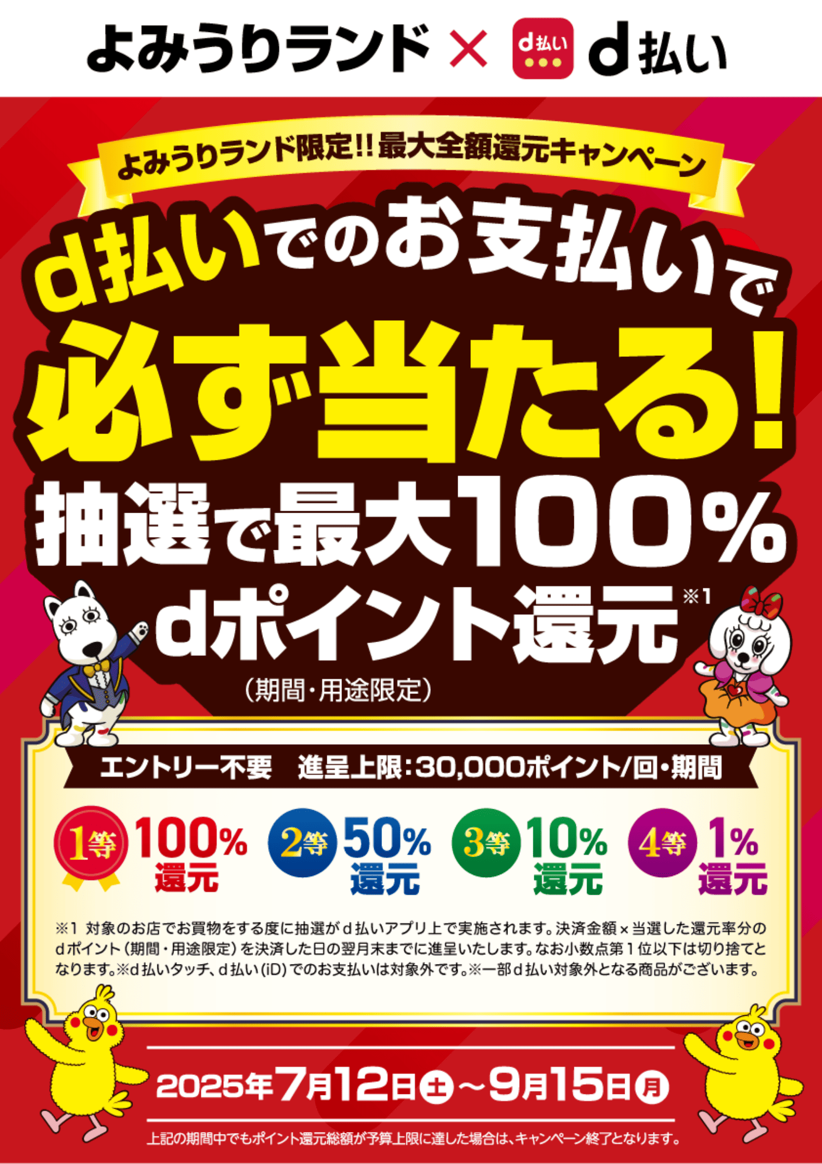よみうりランド × d払い よみうりランド限定！！最大全額還元キャンペーン d払いでのお支払いで必ず当たる！抽選で最大100％dポイント（期間・用途限定）還元※1 エントリー不要 進呈上限：30,000ポイント／回・期間 1等：100％還元 2等：50％還元 3等：10％還元 4等：1％還元 ※1：対象のお店でお買物をする度に抽選がd払いアプリ上で実施されます。決済金額×当選した還元率分のdポイント（期間・用途限定）を決済した日の翌月末までに進呈いたします。なお小数点第1位以下は切り捨てとなります。※d払いタッチ、d払い（iD）でのお支払いは対象外です。※一部d払い対象外となる商品がございます。 詳細・HPはこちら【2025年7月12日（土）〜9月15日（月） 上記の期間中でもポイント還元総額が予算上限に達した場合は、キャンペーン終了となります。】